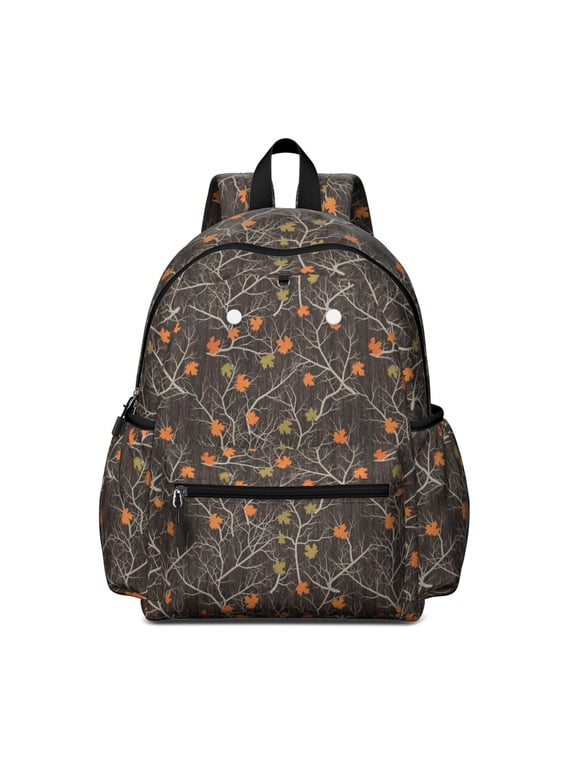 Camo and Maple Brown Pattern Cute School Backpack with Padded Back and Adjustable Shoulder Straps 13.4"x11"x4.7"