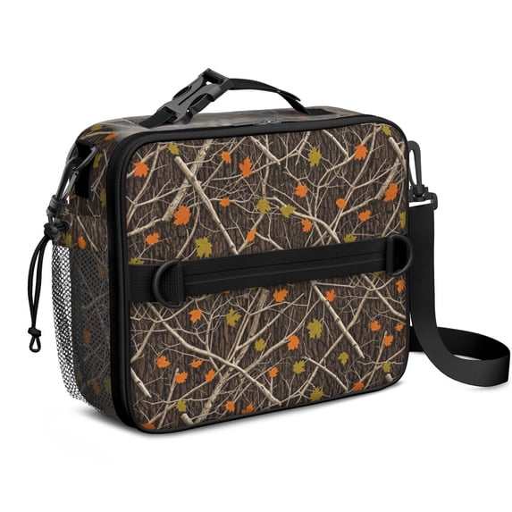 Camo and Maple Brown Pattern Insulated Lunch Bag with Shoulder Strap and Bottle Holder,Bento School Lunch Bag Box,11x9.5x3.5 Inches