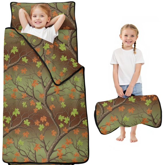 Camo and Maple Green Pattern Teens Toddler Nap Mat with Pillow, Sleeping Mat Bag for Preschool Daycare 50"x20"