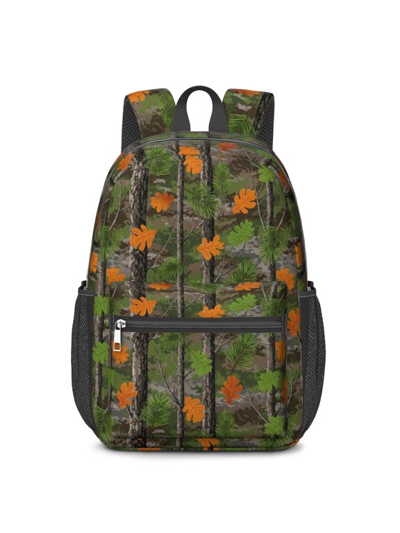 Camo and Pine Green Pattern 17" Waterproof Oxford School Backpacks for Teens, S-Shape Padded Straps, for School, Travel, Hiking, Camping