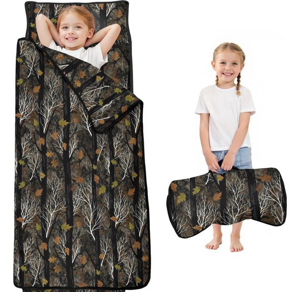 Camo and Tree Black Pattern Teens Toddler Nap Mat with Pillow, Sleeping Mat Bag for Preschool Daycare 59"x22"