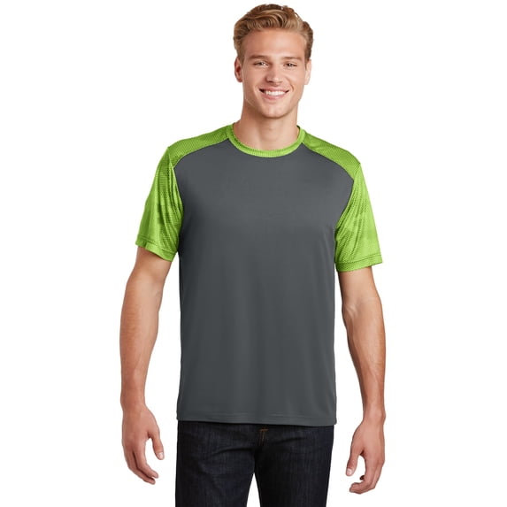 Sport-Tek CamoHex Colorblock Tee. ST371 - 3XL Iron Grey/ Lime Shock