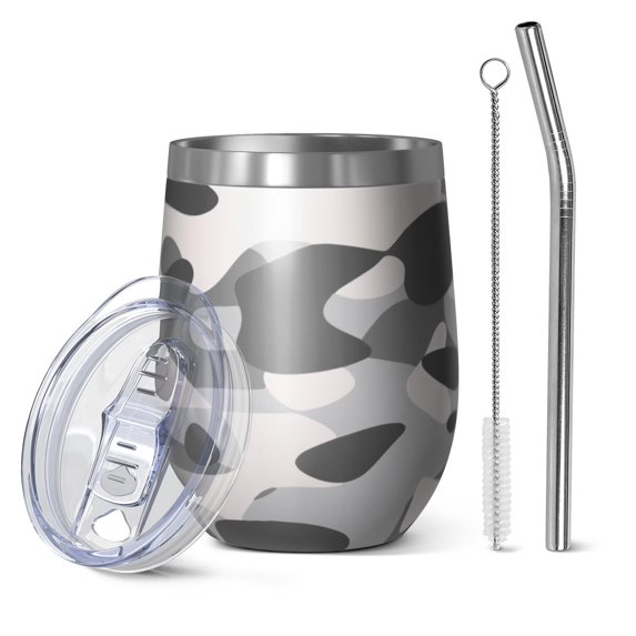 Camouflage 12oz Stainless Steel Insulated Wine Tumbler with Lid and Straw – Double Wall Vacuum Mug for Hot & Cold Drinks, 304 Steel Interior, Sweat-Free Design