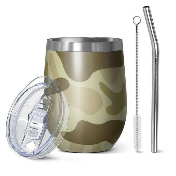Camouflage 12oz Stainless Steel Insulated Wine Tumbler with Lid and Straw – Double Wall Vacuum Mug for Hot & Cold Drinks, 304 Steel Interior, Sweat-Free Design