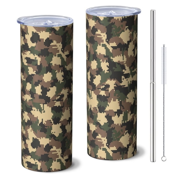Camouflage 20 Oz Stainless Steel Skinny Tumbler – Vacuum Insulated Slim Travel Cup with Lid & Stainless Steel Straw, 360° Full Wrap Printed Tumbler for Home, Office & Outdoor Use
