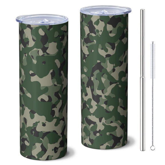 Camouflage 20 Oz Stainless Steel Skinny Tumbler – Vacuum Insulated Slim Travel Cup with Lid & Stainless Steel Straw, 360° Full Wrap Printed Tumbler for Home, Office & Outdoor Use