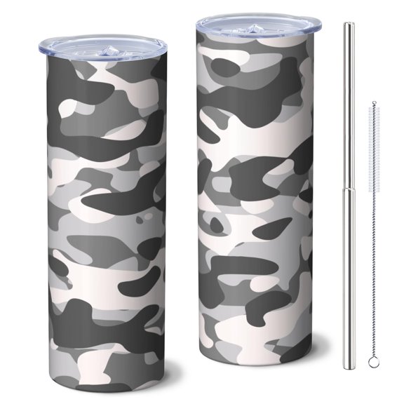 Camouflage 20 Oz Stainless Steel Skinny Tumbler – Vacuum Insulated Slim Travel Cup with Lid & Stainless Steel Straw, 360° Full Wrap Printed Tumbler for Home, Office & Outdoor Use