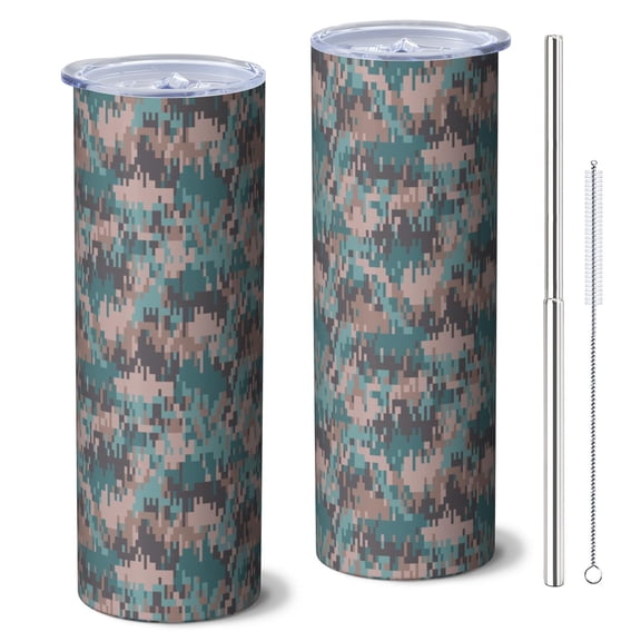 Camouflage 20 Oz Stainless Steel Skinny Tumbler – Vacuum Insulated Slim Travel Cup with Lid & Stainless Steel Straw, 360° Full Wrap Printed Tumbler for Home, Office & Outdoor Use
