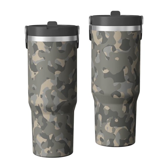 Camouflage 30oz Handheld Travel Tumbler with Handle – Double Wall Stainless Steel Insulated Cup, Flip Straw Lid, Leak-Proof & BPA-Free for Hot and Cold Drinks – Durable Coffee & Juice Mug Black