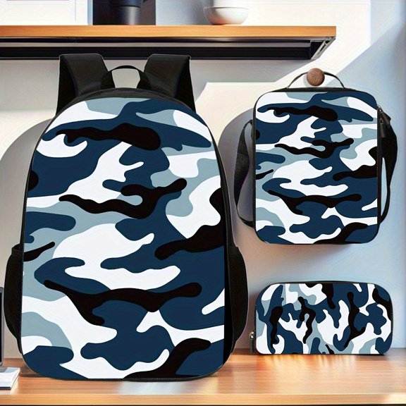 Camouflage 3pcs Backpack Set, Includes Large Capacity Casual Double Shoulder Backpack, Pencil Bag and Lunch Box, Polyester, Ligh