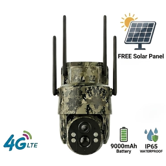 Camouflage 4G LTE Solar Security Camera, 4MP Dual Lens, 360° PTZ 5X Zoom, PIR, Color Night Vision, 9000mAh, IP65, SIM Card