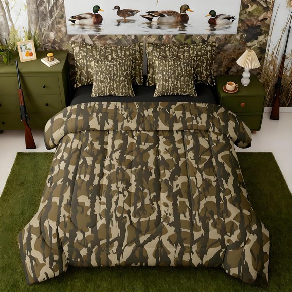 Camouflage 7 Piece Bedding Set, Queen Size Kids Camo Bed in a Bag, Military Style Bed Set Includes Comforter, Sheet Set, Pillowcases & Pillow Covers Breathable Soft Army Green Room Decor