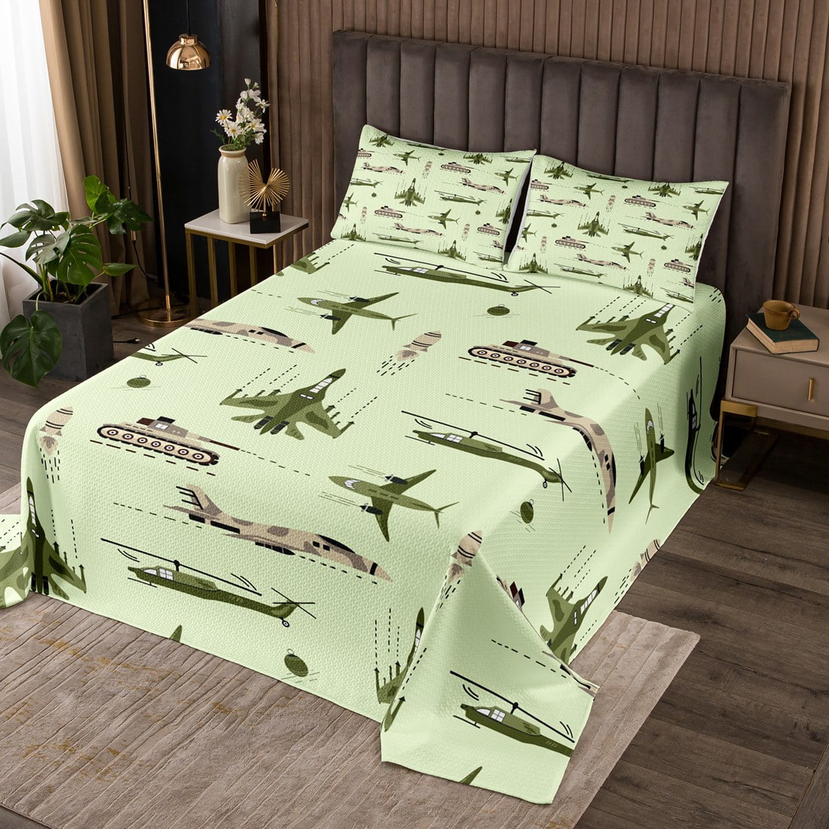 Camouflage Airplane Twin Size Coverlet Set for Boys Military Vehicle