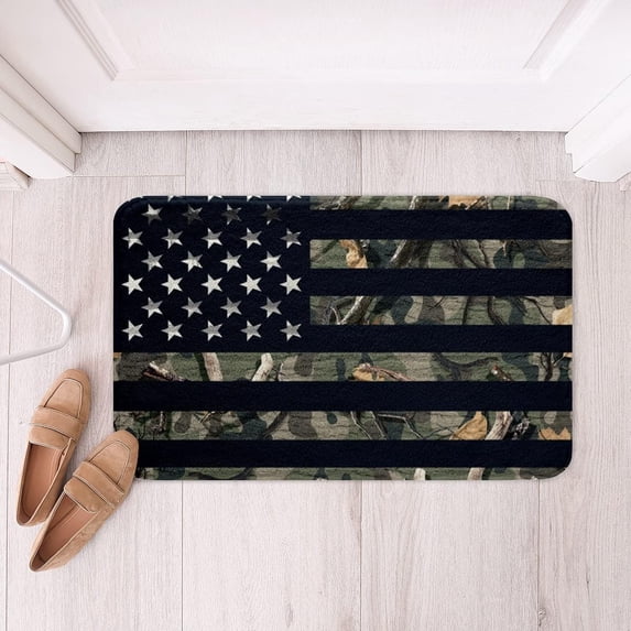 Camouflage American Flag Bathroom Mat,Army Green Camo Leaves Plant Non Slip Bath Rug Soft Fluffy Microfiber,Stars Stripes USA Flag Entryway Door Mat for Floor Tub Machine Washable,20"x32"