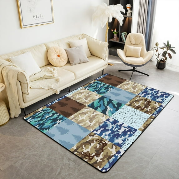 Camouflage Area Rug 3x5 for Living Room Bedroom Dining Room, Patchwork Checkered Plaid Camo Rug, Rustic Camping Woodland Adventure Carpet Non Shedding, Farmhouse Hunting Floor Mat, Blue Brown Green