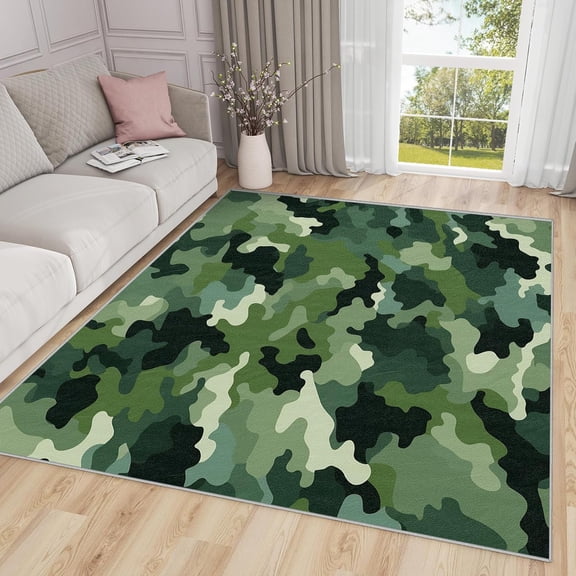 Camouflage Area Rugs, Green Military Camo Carpet, Washable Non Slip Low Pile Soft Rug for Living Room Bedroom Decor Mat 5x8ft