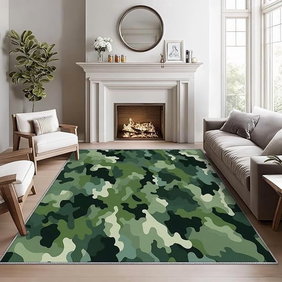 Camouflage Area Rugs for Living Room, Green Camo Living Room Rug, Rug for Bedroom, Hunting Abstract Washable Carpet, Green Camouflage Home Decor & Gifts 3 x 4ft