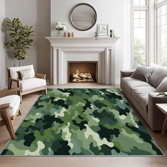 Camouflage Area Rugs for Living Room, Green Camo Living Room Rug, Rug for Bedroom, Hunting Abstract Washable Carpet, Green Camouflage Home Decor & Gifts 5 x 8ft