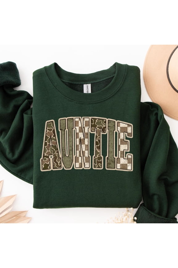 Camouflage Auntie TShirt Retro Camo Aunt Crewneck Distressed Varsity Lettering