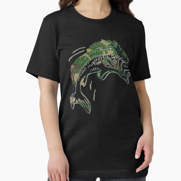 Camouflage Bass Fishing Camo Fish Outdoors Sport Angler Hobby T-Shirt, for Men & Women, up to Size 5XL
