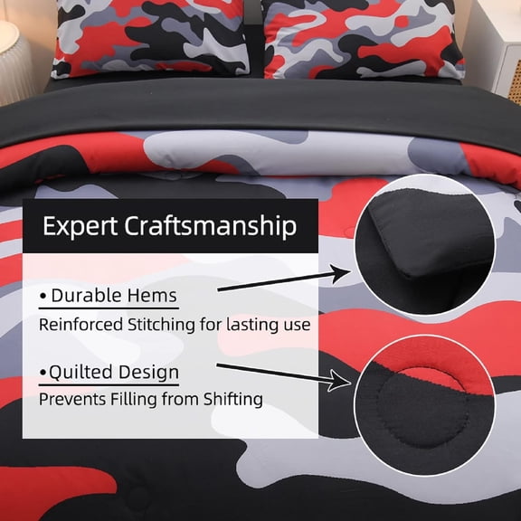 Camouflage Bedding Set, Red-Black, Full 5Pcs