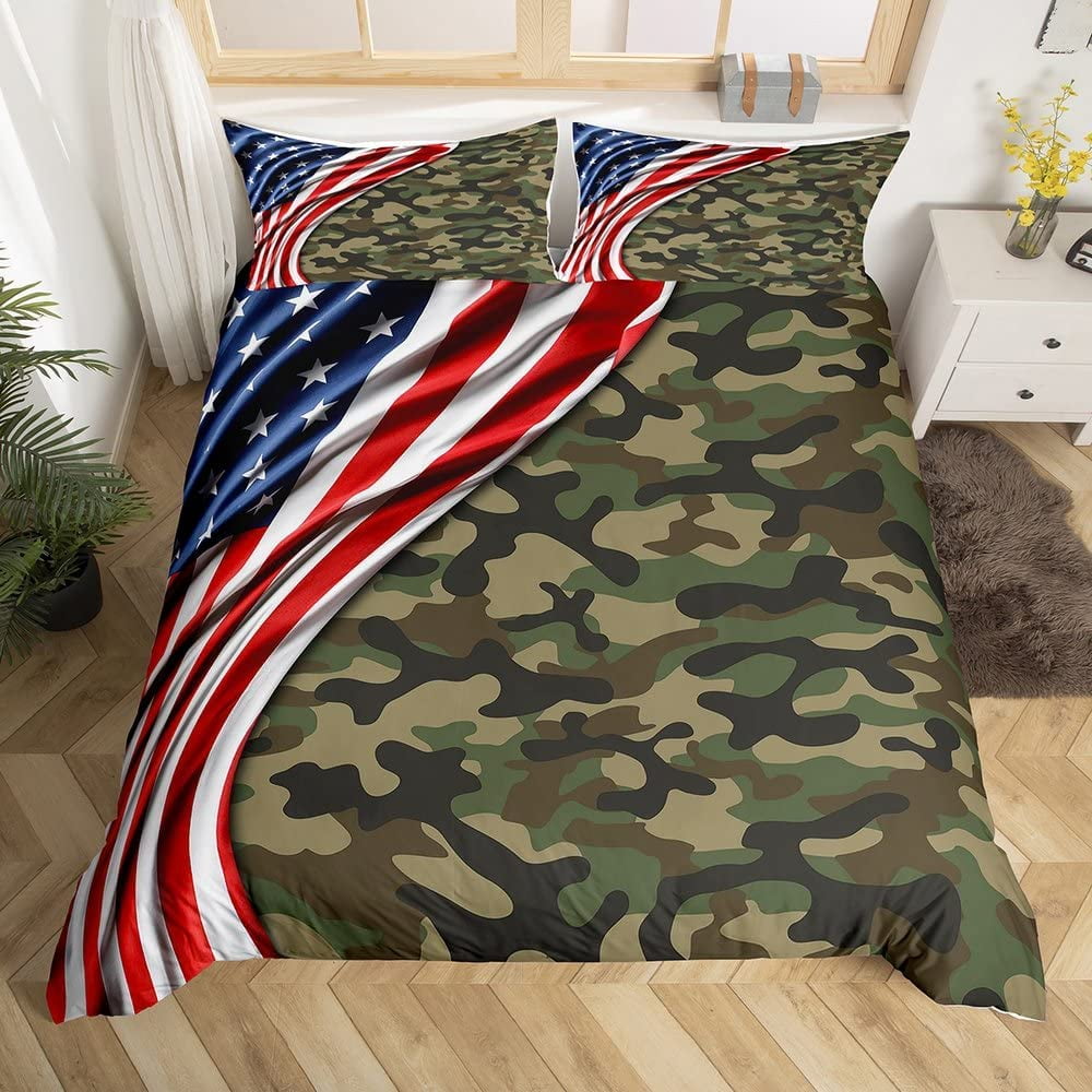 Camouflage Bedding Set Queen,American Flag Comforter Cover for Boys