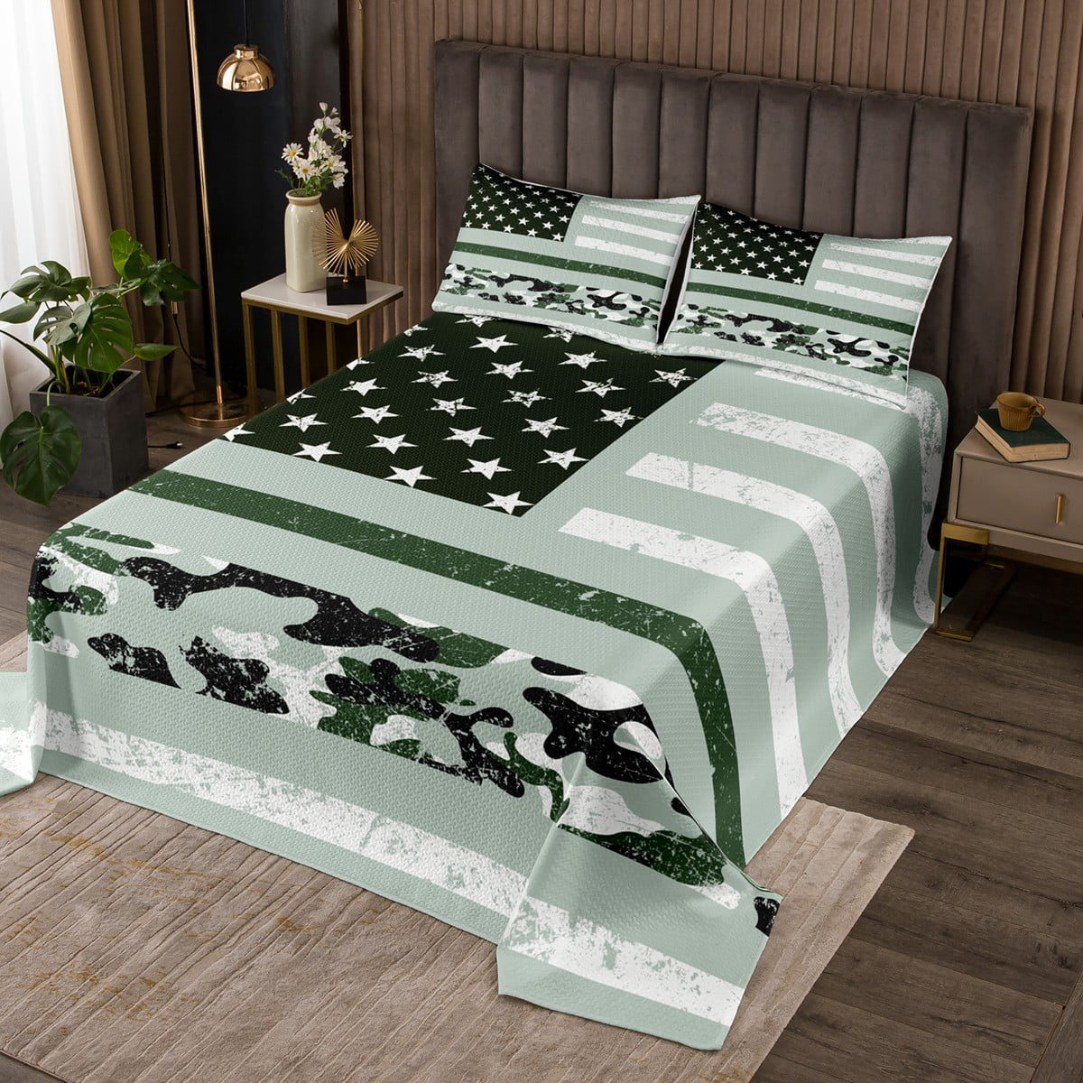 Camouflage Bedspread Set for Teens Youth Boys American Flag Quilt Set