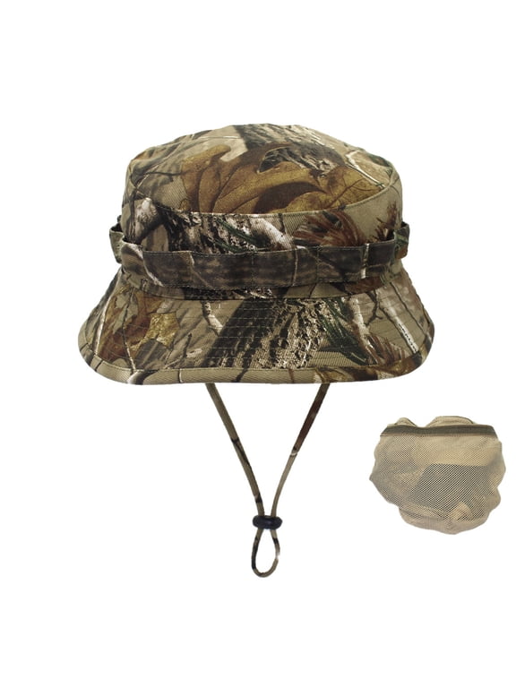 Camouflage Boonie Hat Ripstop Bucket Hat with Chin Strap for Sports Hunting Fishing Sun Protection (Deadwood Camouflage 60 Yard