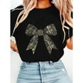 thumbnail image 1 of Camouflage Bow Graphic Tees for Womens Fashion Print T Shirts Short Sleeve Casual Cotton Pattern Classic Tops for Daily Outfits popular InS-style pattern round neck is trendy Black,M, 1 of 5