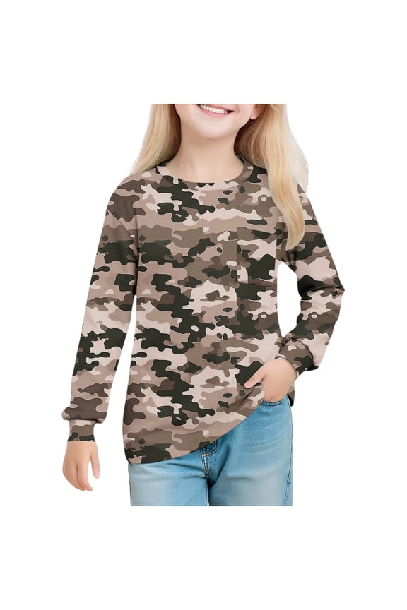 Camouflage Boy Girl Crew Neck Spandex Tshirts for Kids Girl Boy Summer Fall Long Sleeve Graphic Camo Camouflage Tops T shirt Kid 2025 Clothing Trendy Regular Fit 11 Year