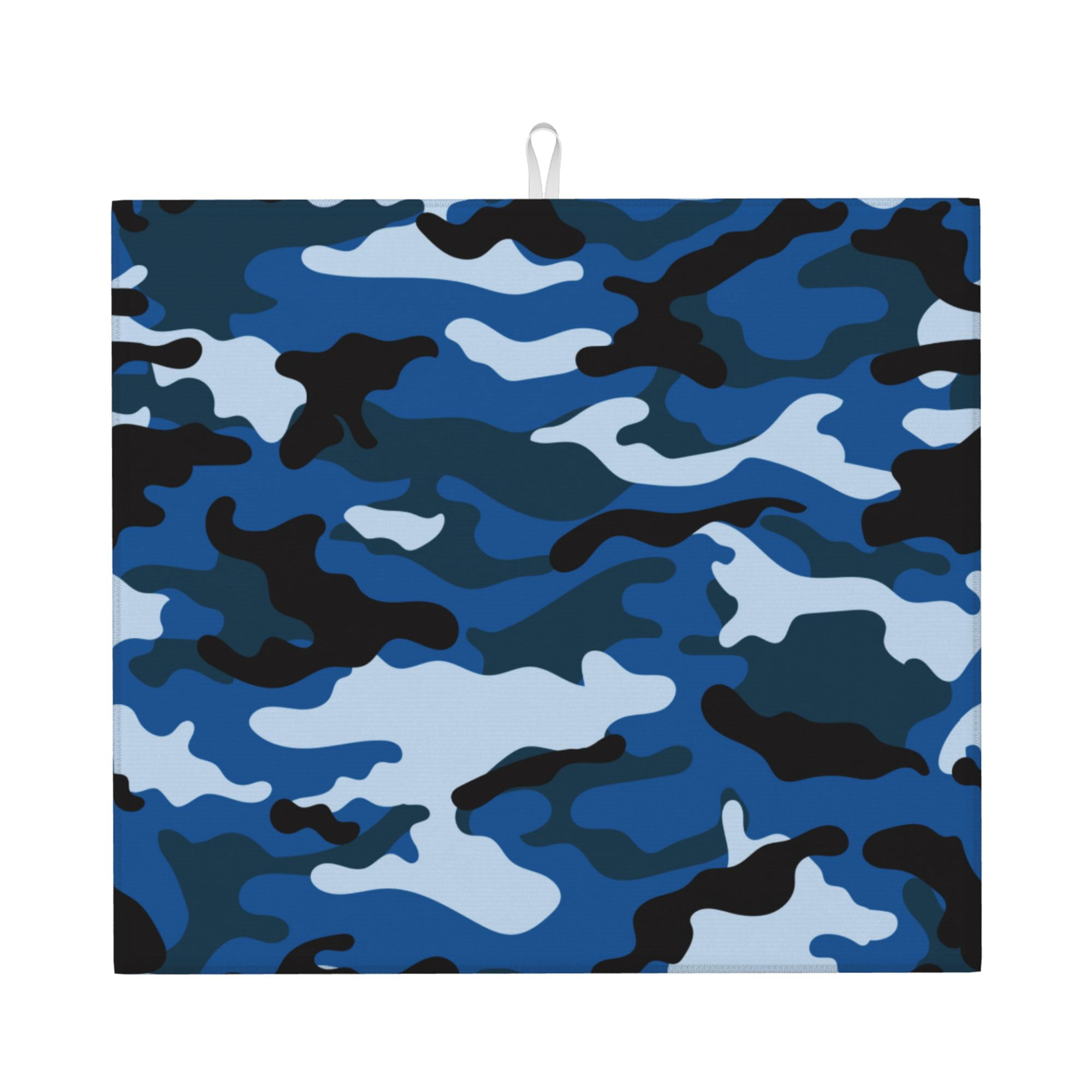 Camouflage Camo Blue Microfiber Kitchen Counter Mat,Dish Drying Pad for Dishes,Utensils,Pots and