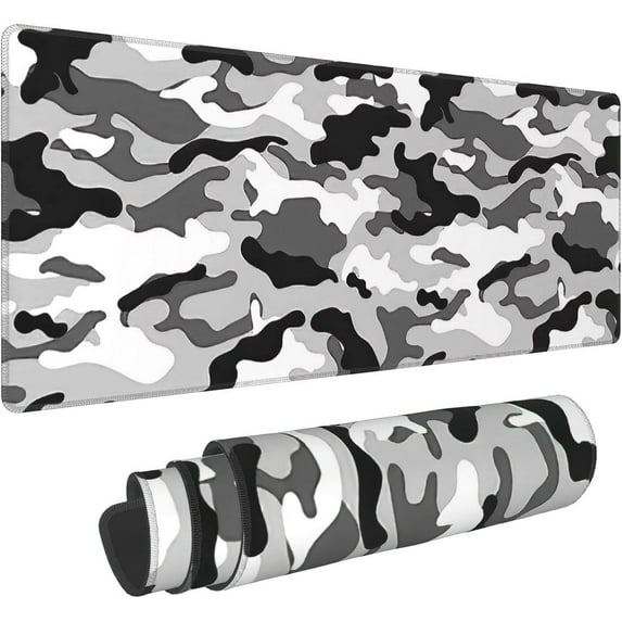 Camouflage Camo Gaming Mouse Pad XL Black White Gray Extended Big Large Desk Mat Non-Slip Rubber Base Stitched Edge Long Keyboard Mousepad for PC Computer Laptop,31.5×11.8 in