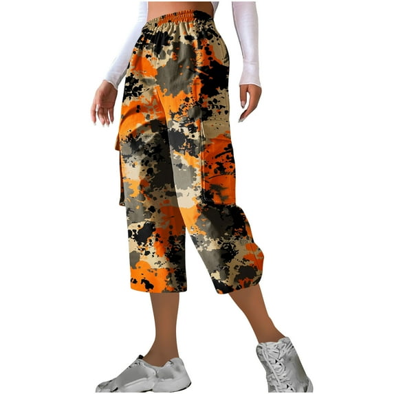 Camouflage Capri Pants for Women 2025 Plus Size High Waist Drawstring Capris Multi Pockets Cargo Pants for Workout