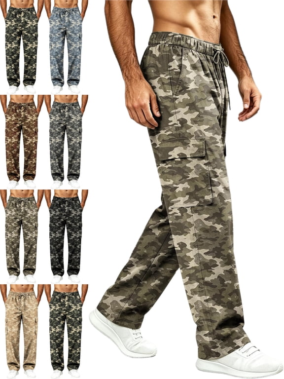 Camouflage Cargo Pants for Men Relaxed Fit Straight Leg Drawstring Elastic Waist Multi Pocket Pants