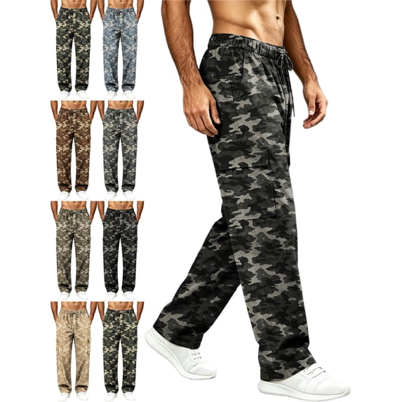 Camouflage Cargo Pants for Men Straight Leg Relaxed Fit Elastic Waist Drawstring Outdoor Workwear Pants