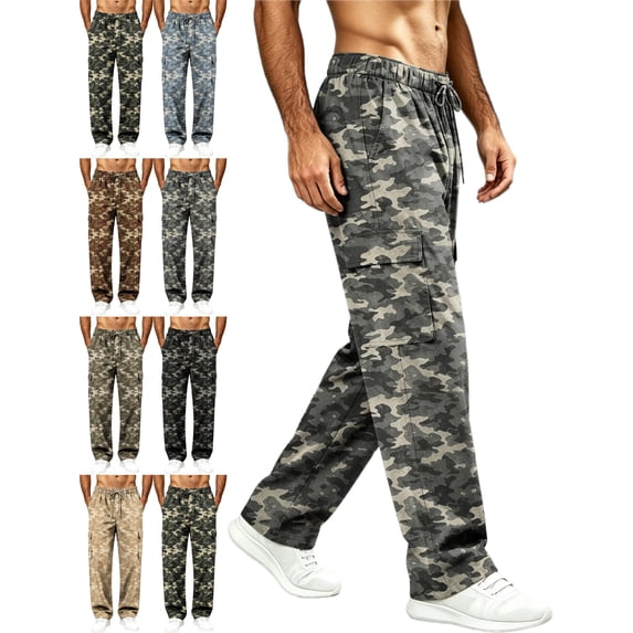 Camouflage Cargo Pants for Men Straight Leg Relaxed Fit Elastic Waist Drawstring Outdoor Workwear Pants