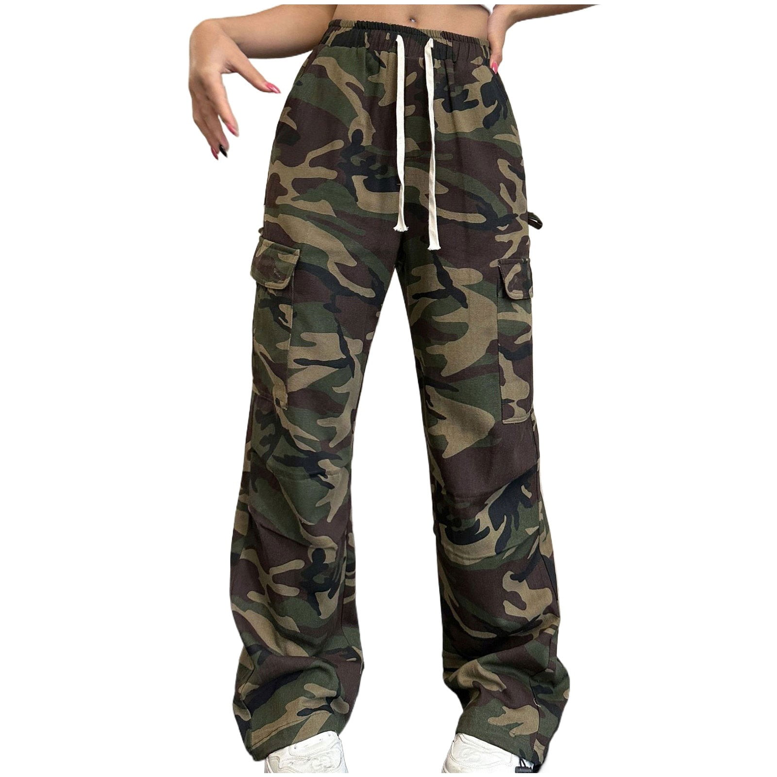 Camouflage Cargo Pants for Women Drawstring Straight Wide