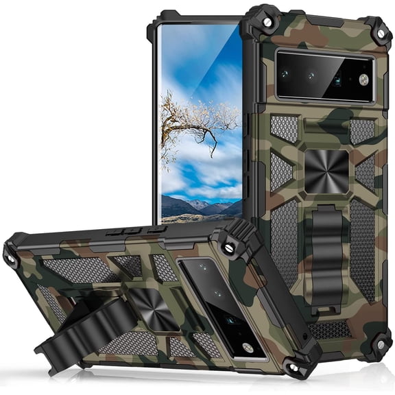 Camouflage Case for Google Pixel 6 Pro with Magnetic Stand, Military Grade Protection Shock Absorption Rugged Camo Case with Kickstand for Google Pixel 6 Pro-Green