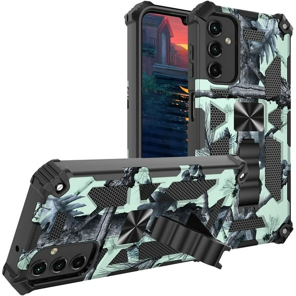 Camouflage Case for Samsung Galaxy A14 5G with Magnetic Kickstand, Built-in 360° Rotate Ring Stand Magnetic Car Mount Phone Cover Case for Samsung Galaxy A14 4G/5G MC Mint Green