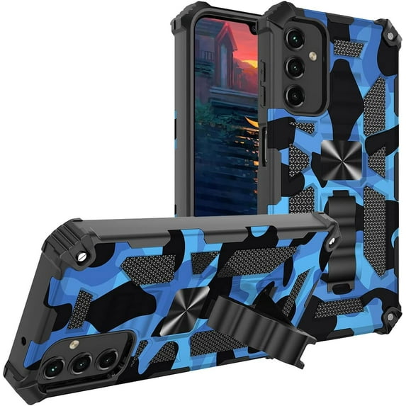 Camouflage Case for Samsung Galaxy A14 5G with Magnetic Kickstand, Built-in 360° Rotate Ring Stand Magnetic Car Mount Phone Cover Case for Samsung Galaxy A14 4G/5G MC Dark Blue