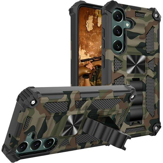 Camouflage Case for Samsung Galaxy S23 FE with Metal Kickstand, Camo Phone Cover Built-in 360° Rotate Ring Stand Case for Samsung Galaxy S23 FE MC Army Green