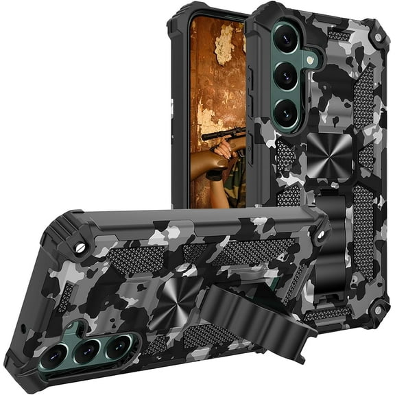 Camouflage Case for Samsung Galaxy S23 FE with Metal Kickstand, Camo Phone Cover Built-in 360° Rotate Ring Stand Case for Samsung Galaxy S23 FE MC Black