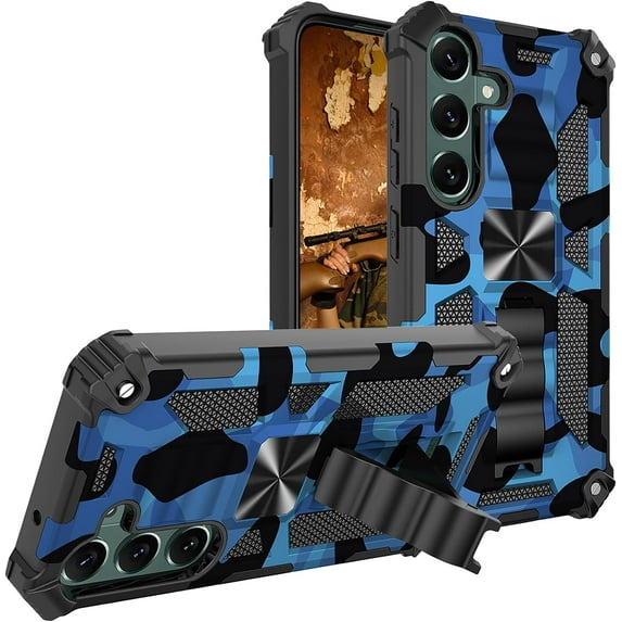 Camouflage Case for Samsung Galaxy S23 FE with Metal Kickstand, Camo Phone Cover Built-in 360° Rotate Ring Stand Case for Samsung Galaxy S23 FE MC Dark Blue