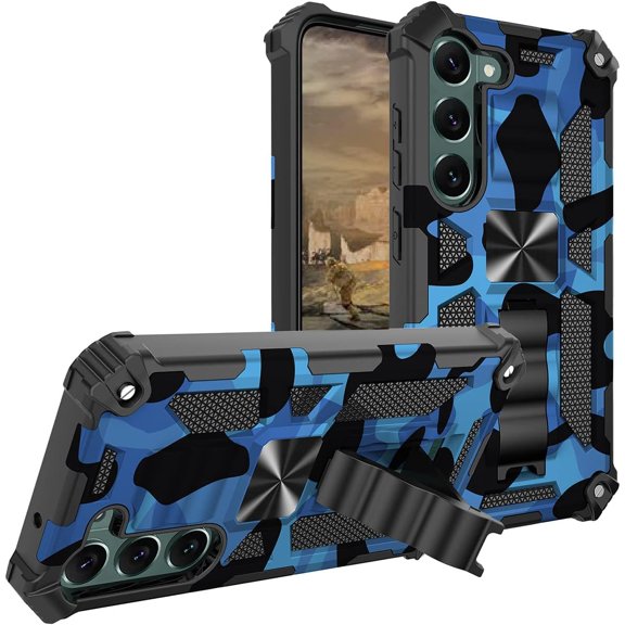 Camouflage Case for Samsung Galaxy S23+ Plus (Not S23) with Magnetic Kickstand, Built-in 360° Rotate Ring Stand Magnetic Car Mount Phone Cover Case for Samsung Galaxy S23 Plus MC Dark Blue