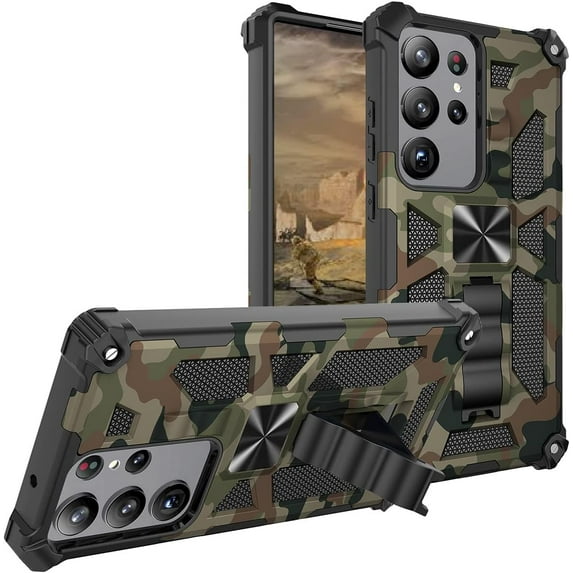 Camouflage Case for Samsung Galaxy S23 Ultra (Not S23) with Magnetic Kickstand, Built-in 360° Rotate Ring Stand Magnetic Car Mount Phone Cover Case for Samsung Galaxy S23 Ultra MC Army Green