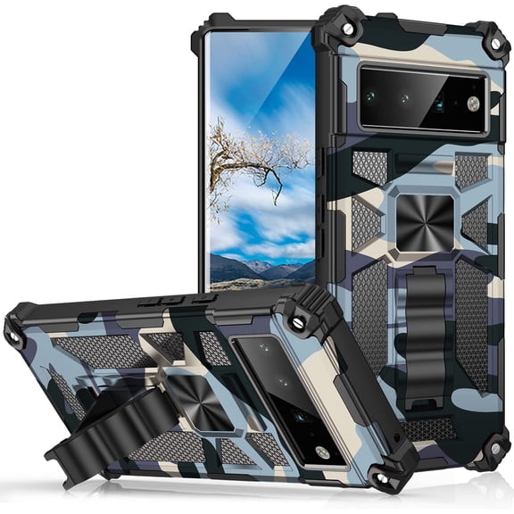 Camouflage Case for Google Pixel 6 with Magnetic Stand, Military Grade Protection Shock Absorption Rugged Camo Case-Light Blue