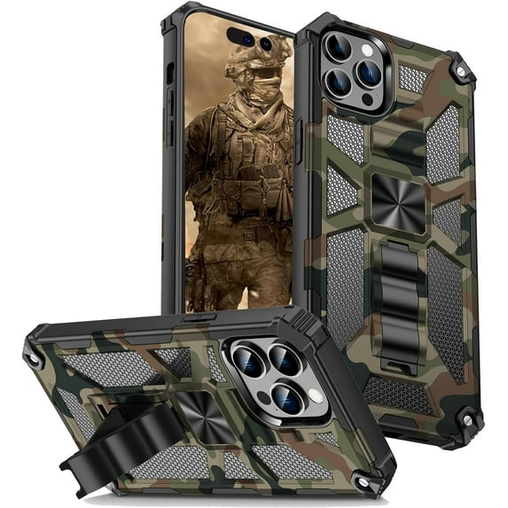 Camouflage Case for iPhone 15 Pro Max with Metal Kickstand, Camo Phone Cover Built-in 360° Rotate Ring Stand Case for iPhone 15 Pro Max MC Army Green