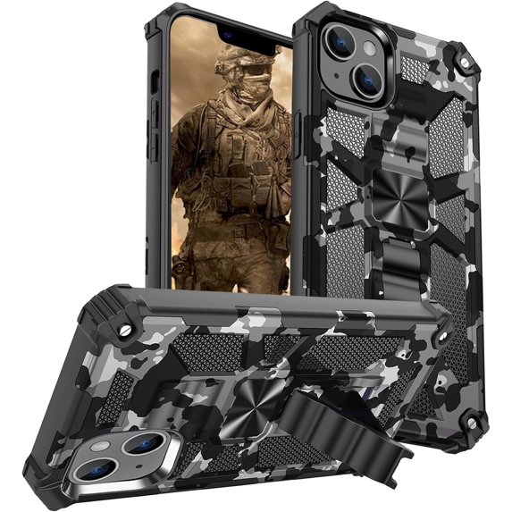 Camouflage Case for iPhone 15 with Metal Kickstand, Camo Phone Cover Built-in 360° Rotate Ring Stand Case for iPhone 15 MC Black