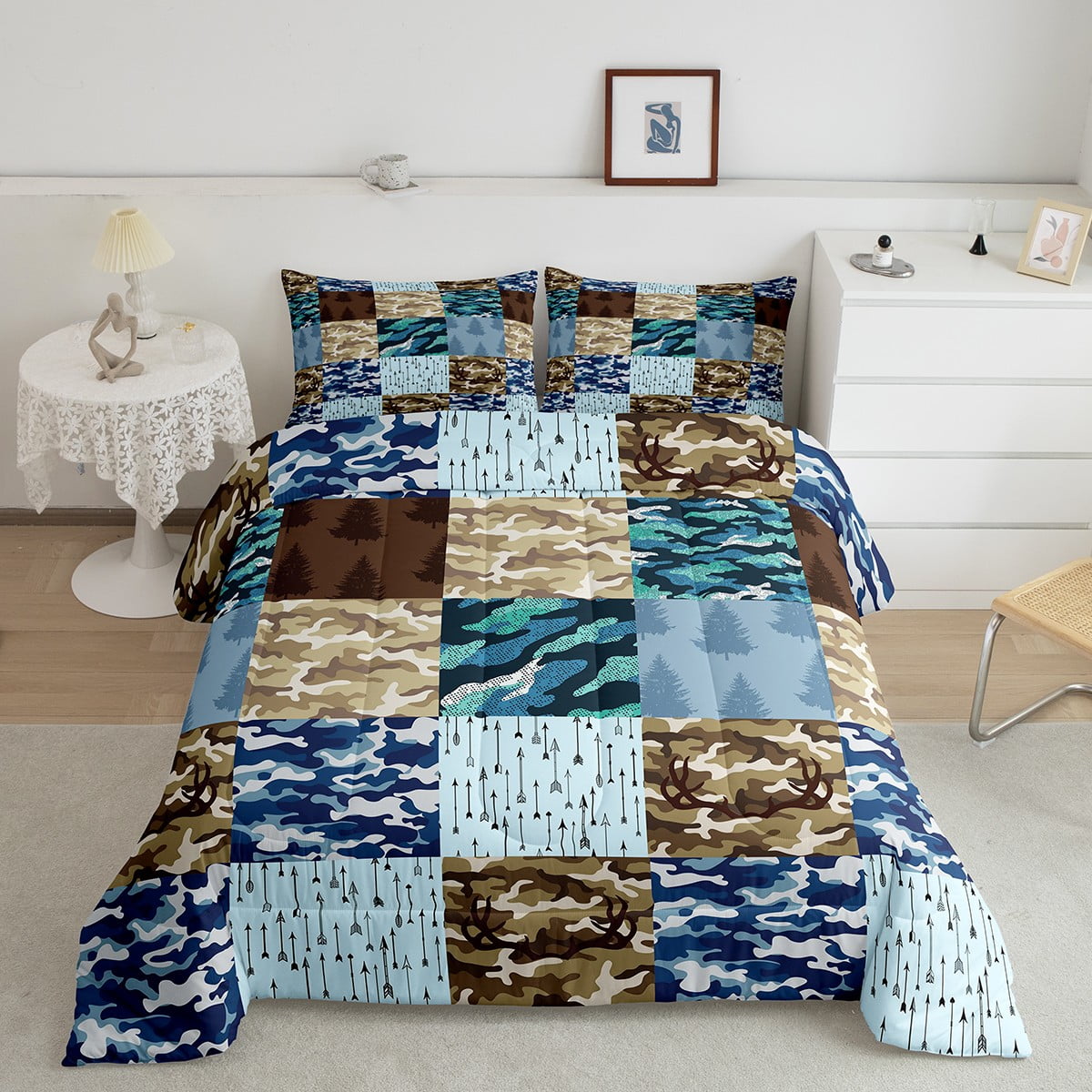 Camouflage Comforter Set Twin Elk Deer Antlers Bedding Set for Kids