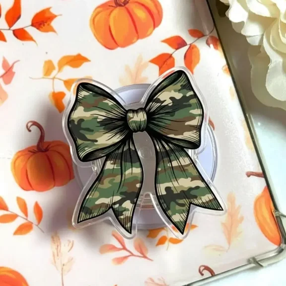 Camouflage Coquette Bow Phone Grip, Cute Army Print Ribbon Magnetic Holder